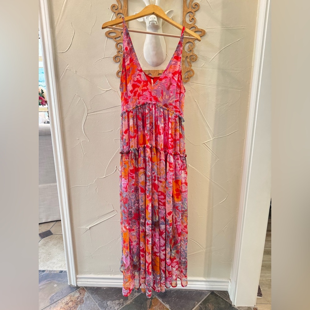 🦋Free People Juliana Tiered Flowy Abstract Chiffon Cherry Combo Maxi Dress🦋 - Picture 7 of 12